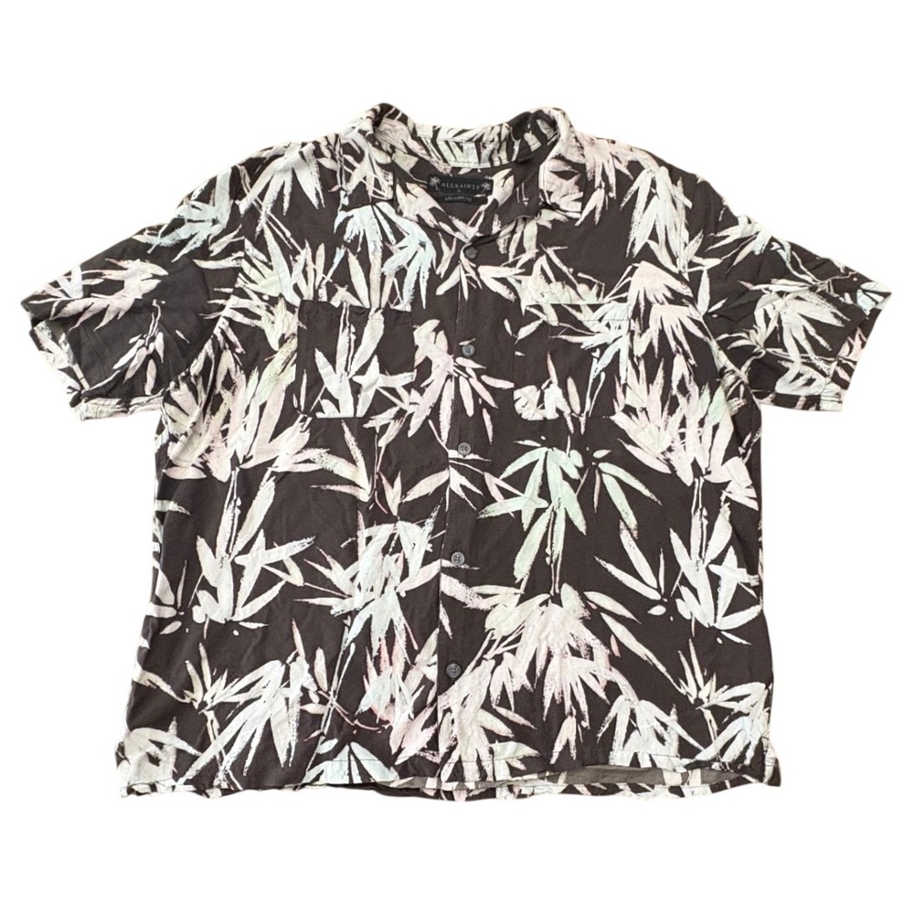 AllSaints Bambusa Camp Shirt Mens XL Brown White Floral Resort Short Sleeve